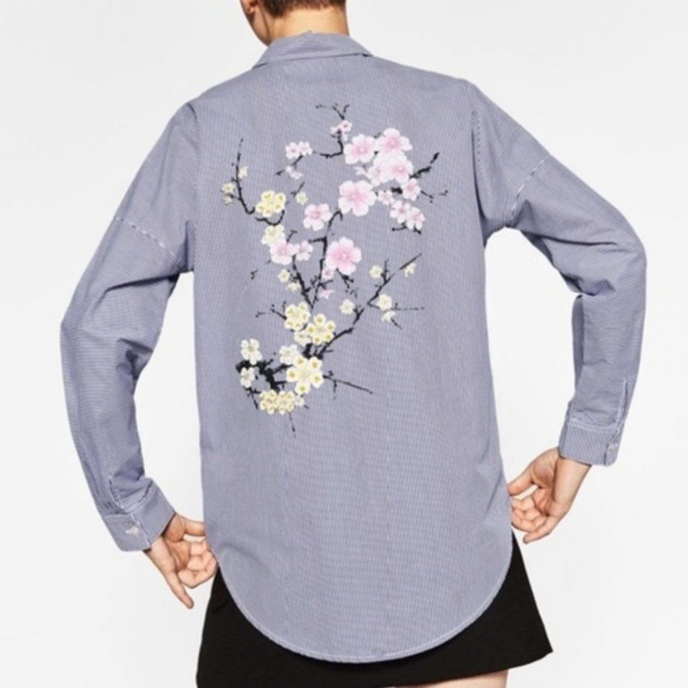 Zara Basic Striped Button Down W/ Floral Blouse - image 1